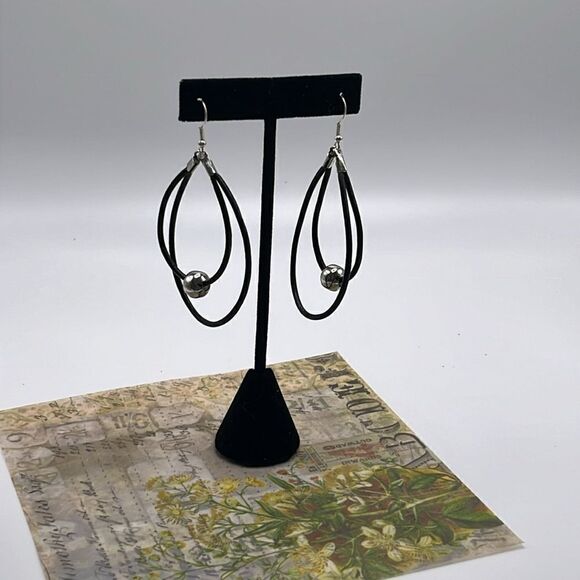Double Leather Corded Dangling Earrings w/ Silver-Tone Bead Choice of Closure - Picture 1 of 14